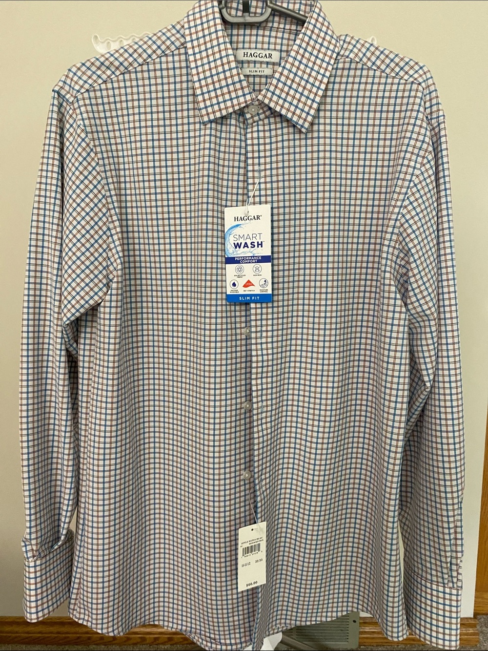 Haggar Slim Fit Blue and Orange Windowpane Dress Shirt